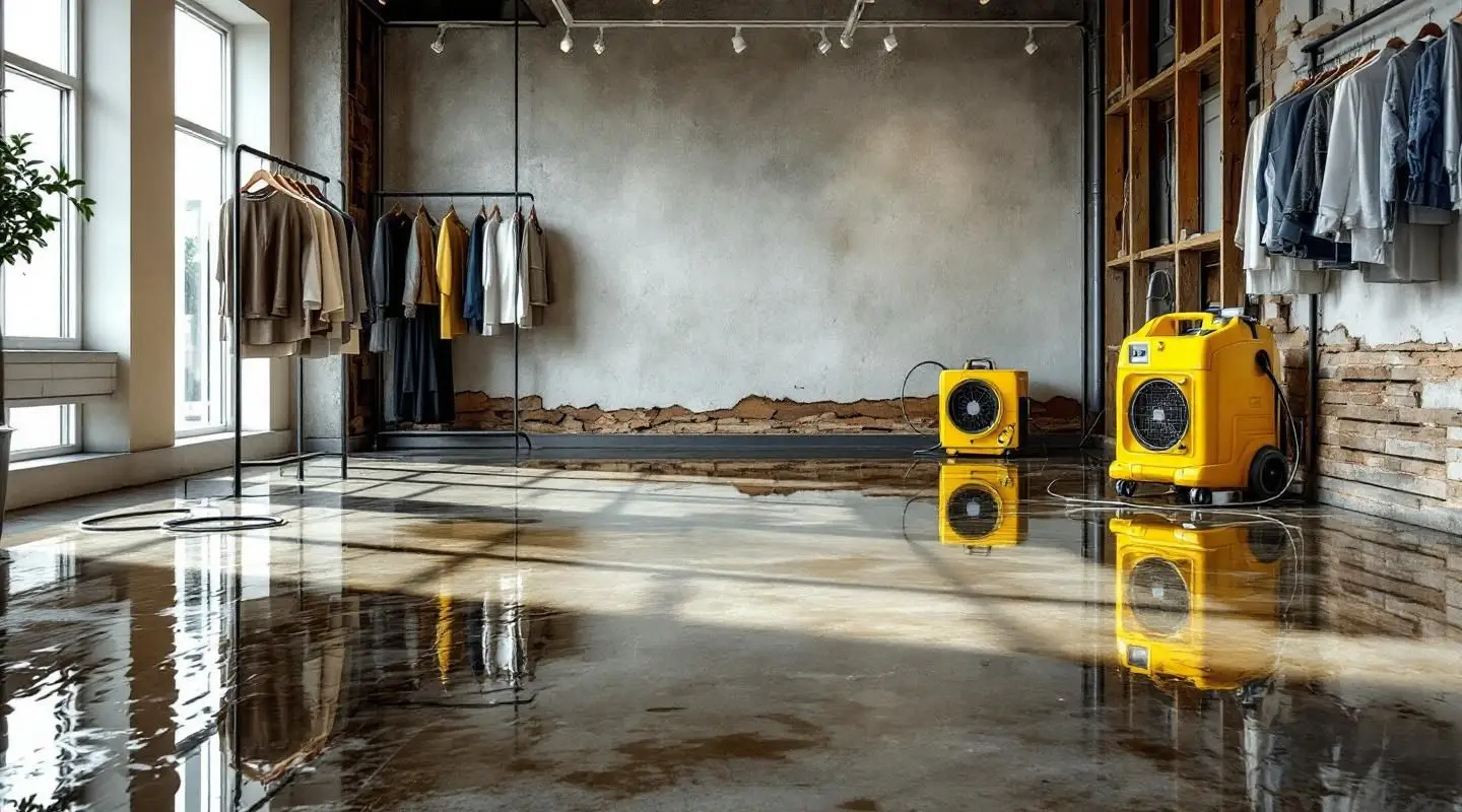 Deep Clean Restoration technicians extracting water from a flooded retail showroom floor in Englewood.
