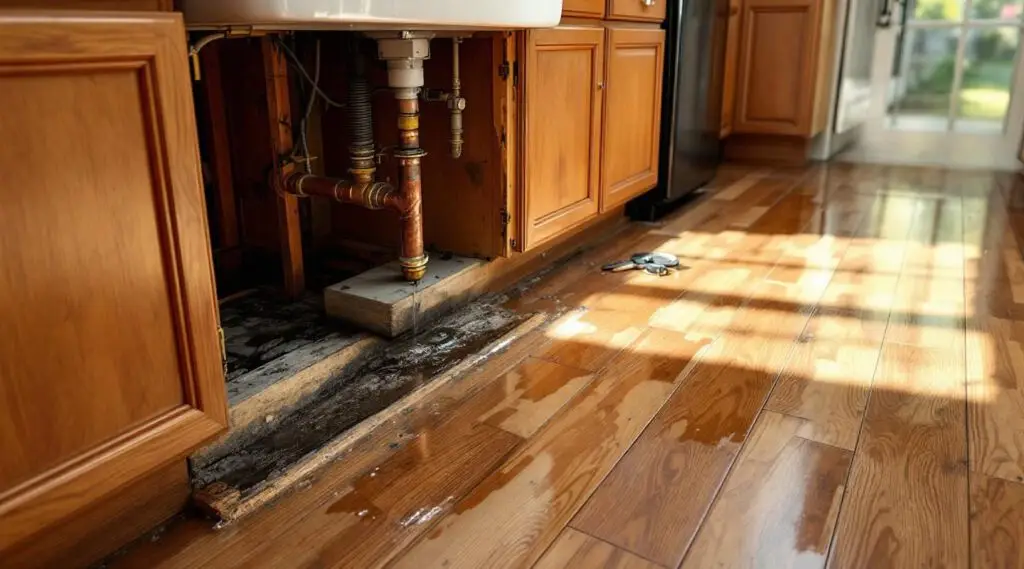 A professional restoration technician drying water-damaged kitchen cabinets in Englewood with industrial air movers.