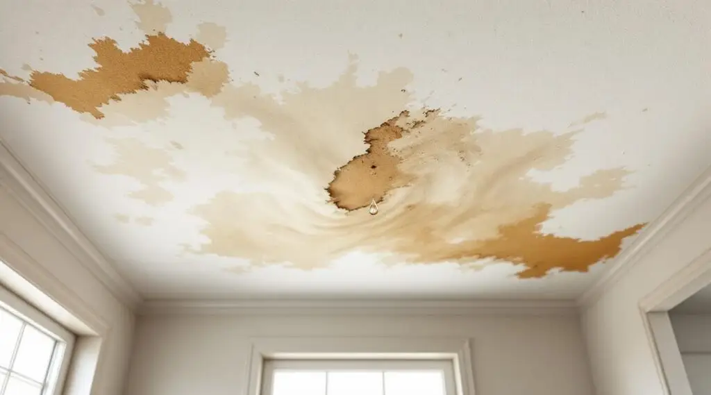 Technician using a moisture meter to inspect a sagging, water-stained ceiling during a repair in Englewood.