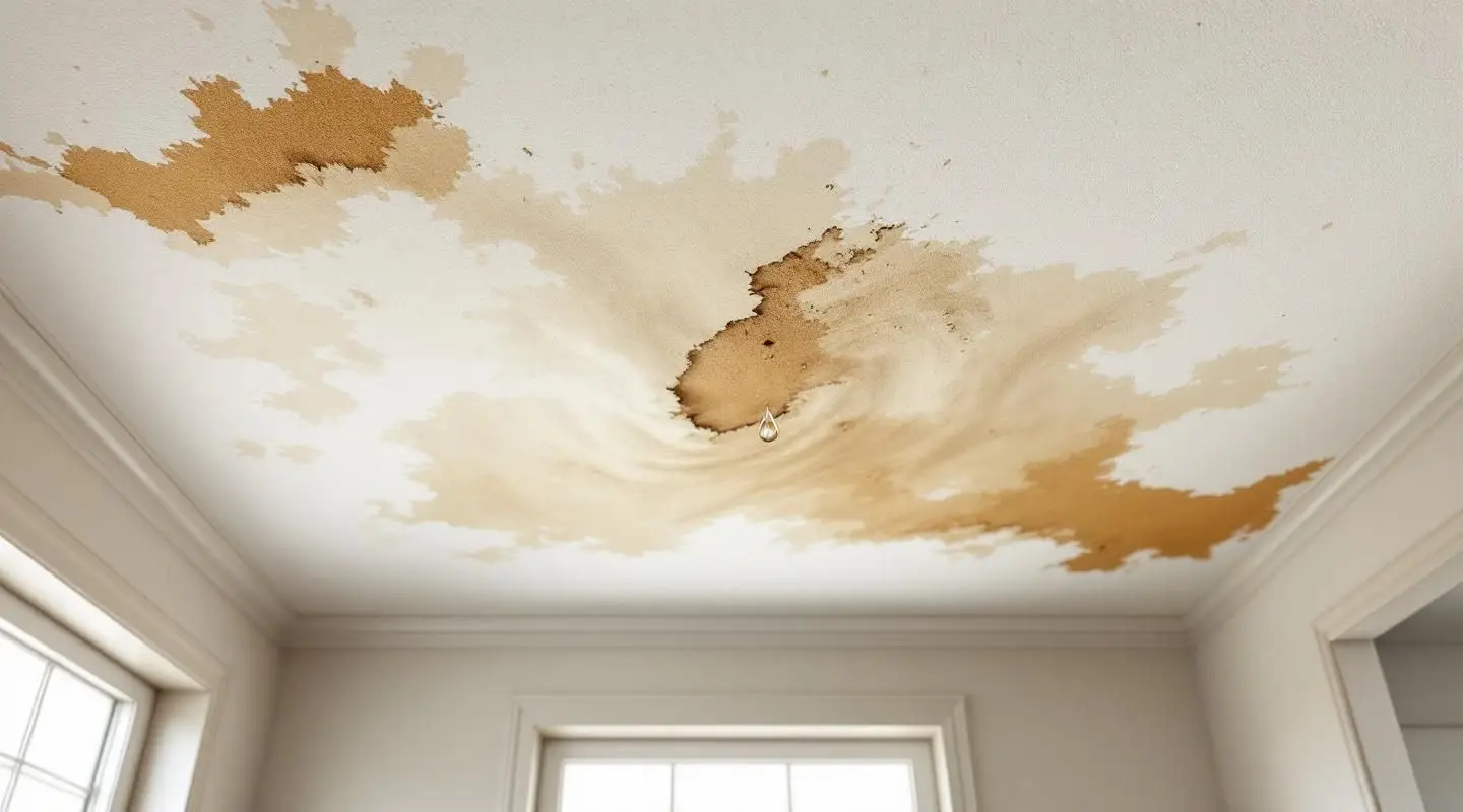 Technician using a moisture meter to inspect a sagging, water-stained ceiling during a repair in Englewood.