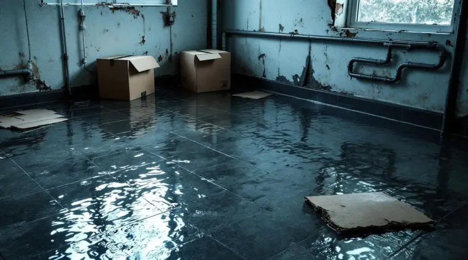 Deep Clean Restoration technician using professional water extraction equipment in a flooded Englewood basement.