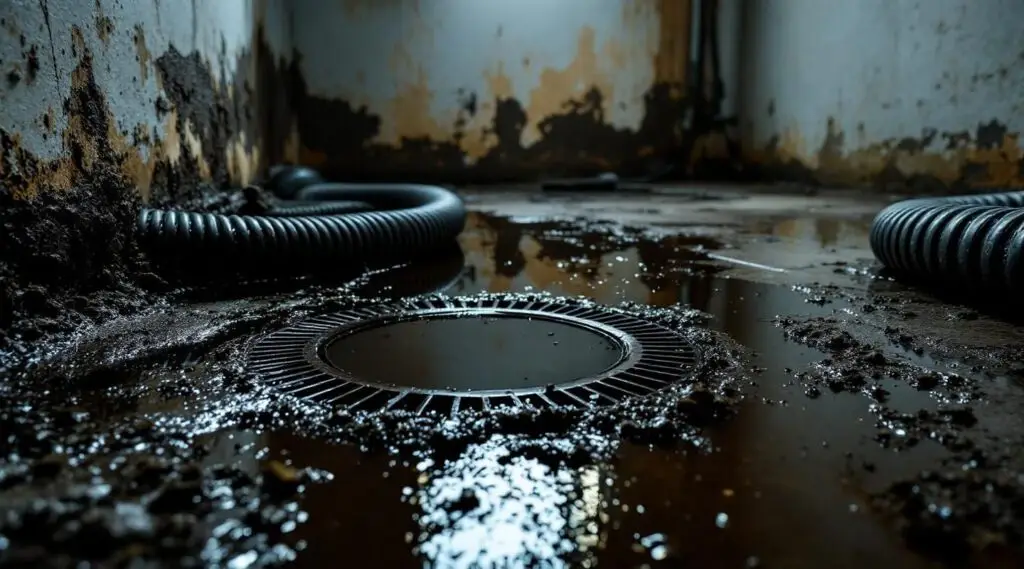 Professional restoration technician in protective gear extracting wastewater from an Englewood basement floor.