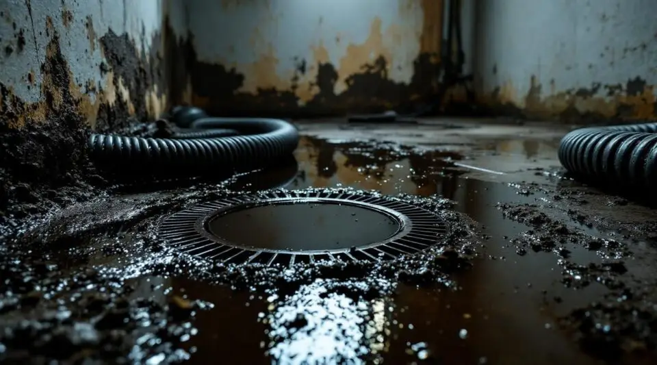 Professional restoration technician in protective gear extracting wastewater from an Englewood basement floor.