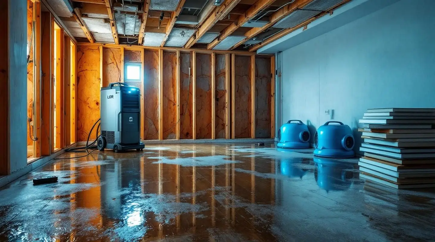 Deep Clean Restoration technicians setting up professional air movers and water extraction equipment in an Englewood home.