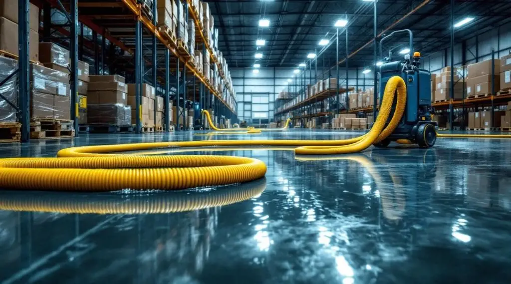 Industrial water extraction equipment clearing standing water from a large concrete warehouse floor in Englewood, Colorado.