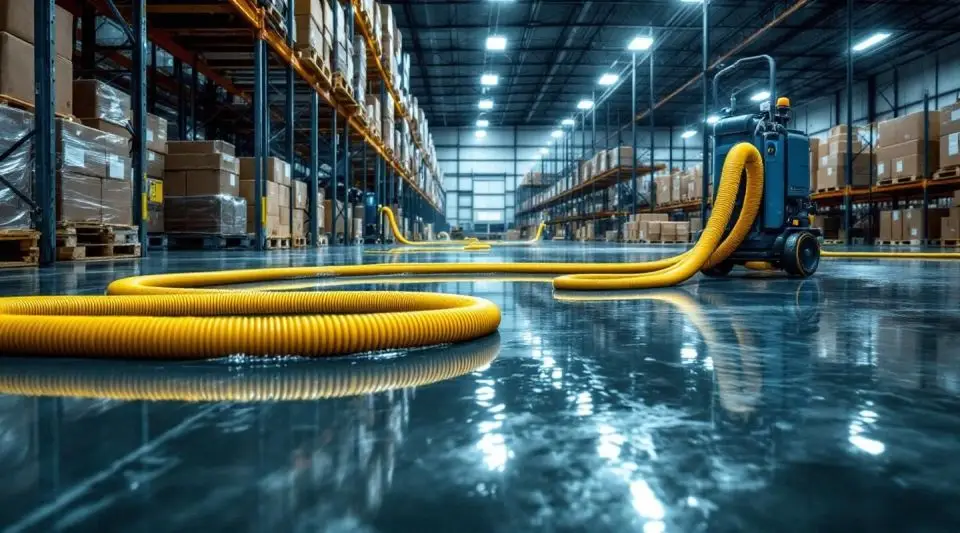 Industrial water extraction equipment clearing standing water from a large concrete warehouse floor in Englewood, Colorado.