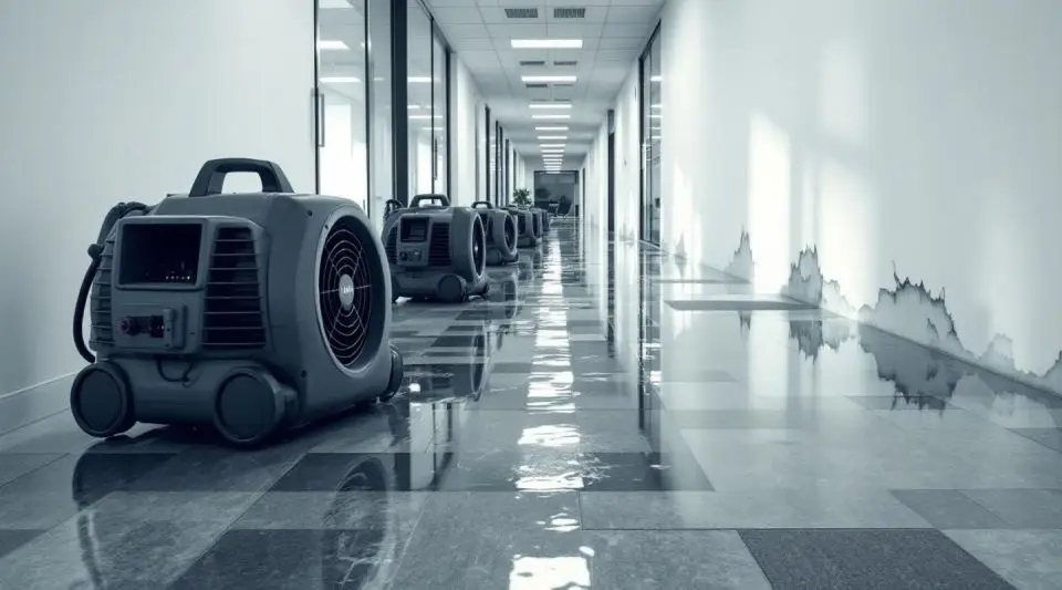 Deep Clean Restoration technicians extracting water from a flooded commercial office carpet in Englewood, Colorado.