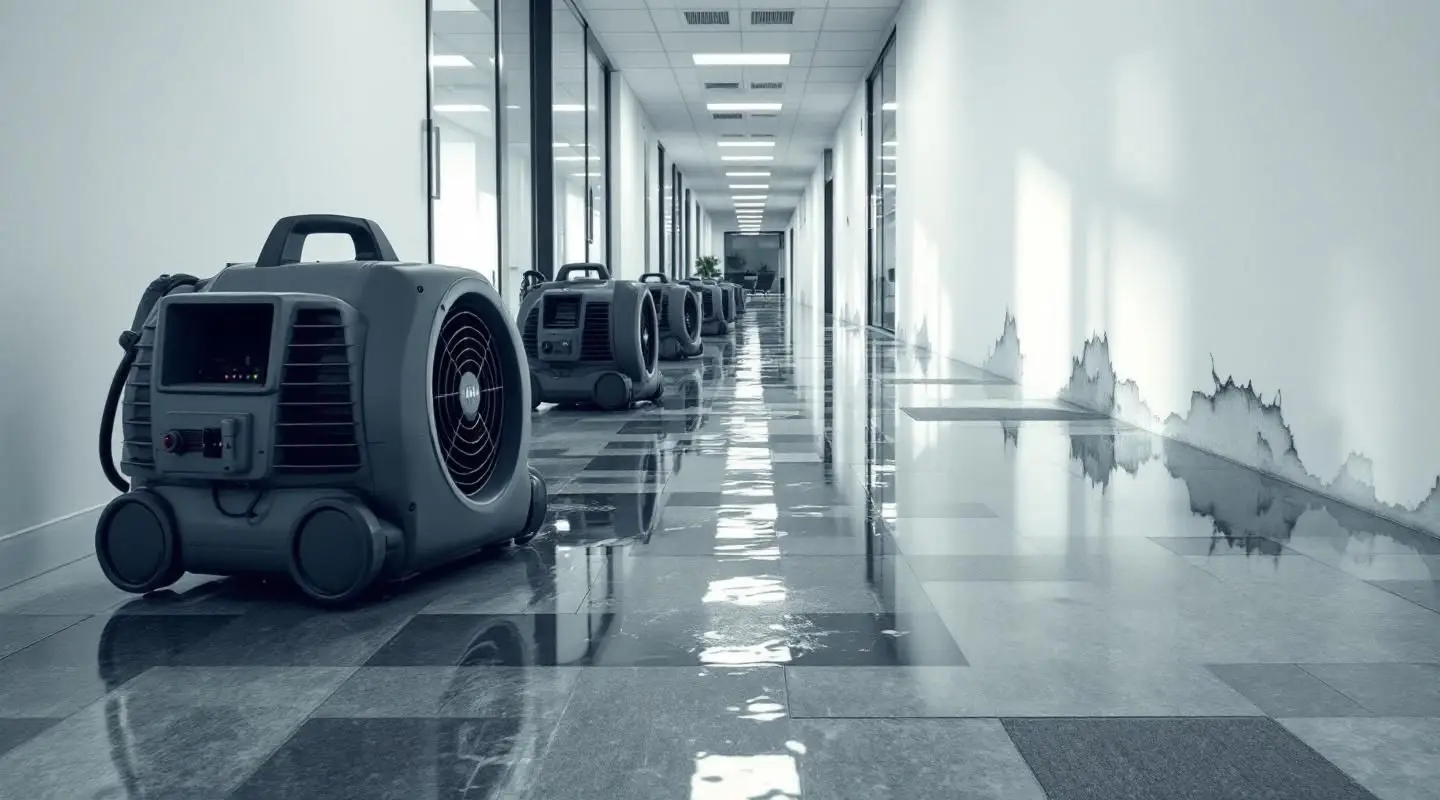 Deep Clean Restoration technicians extracting water from a flooded commercial office carpet in Englewood, Colorado.