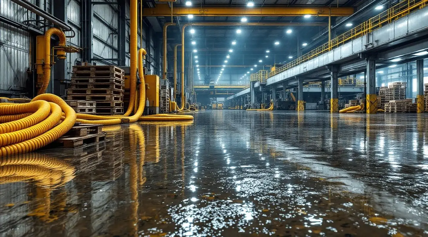 Restoration technicians operating commercial water extraction equipment in a flooded Englewood industrial warehouse.