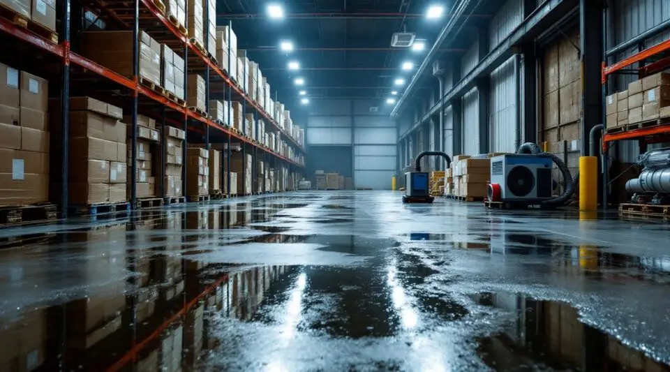 Deep Clean Restoration technicians extracting water from a flooded commercial warehouse floor in Englewood.
