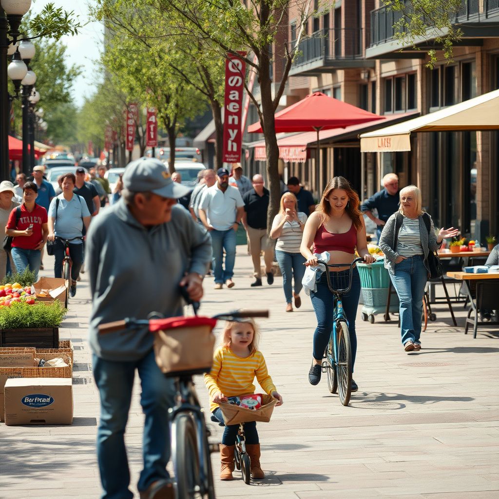 A scenic view of historic downtown Littleton, Colorado, featuring preserved brick buildings and tree-lined streets under a clear blue sky.