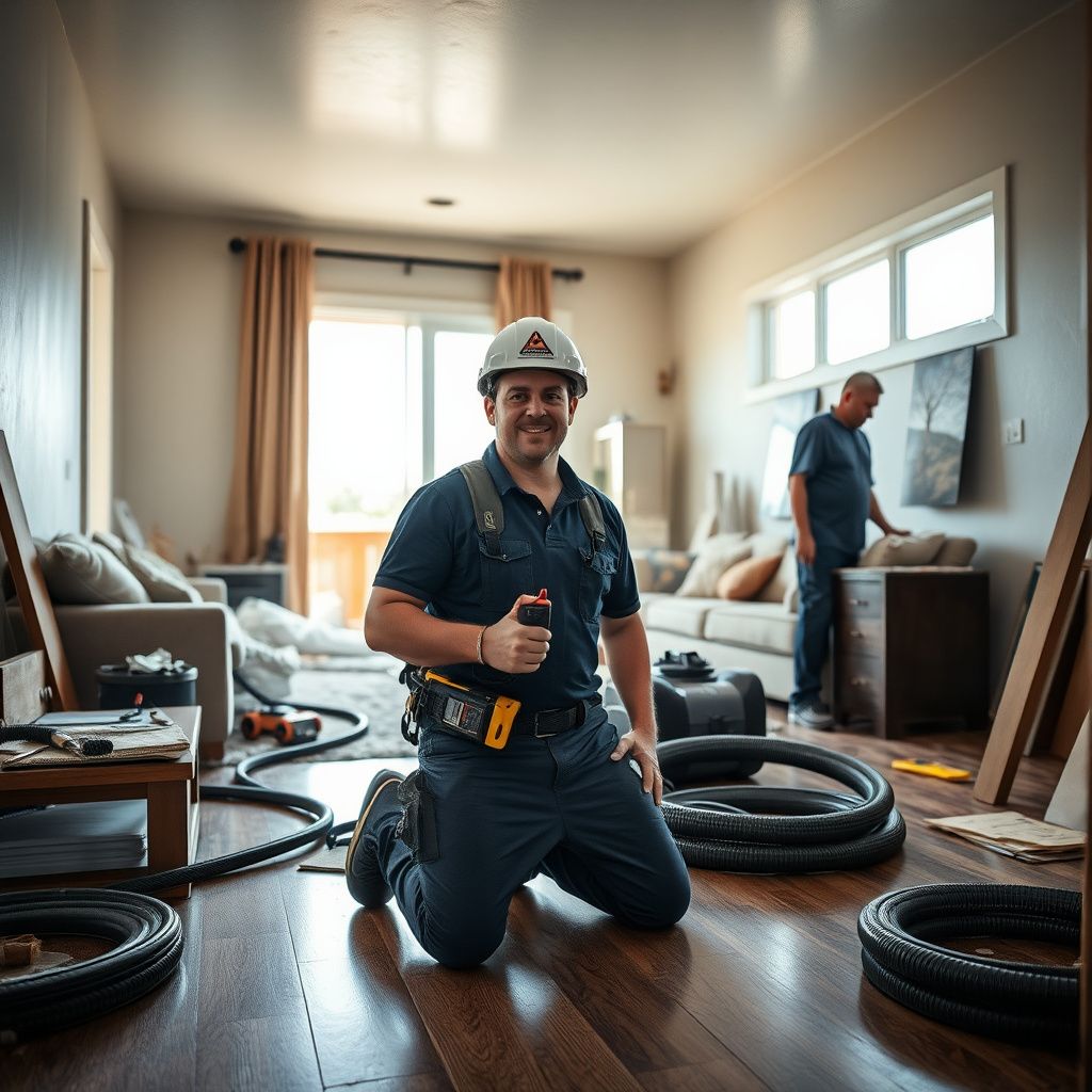 An IICRC-certified technician using a moisture meter to check for hidden water damage behind a drywall cavity.