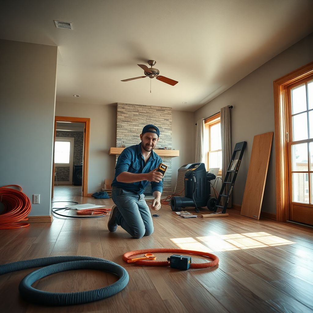 An experienced restoration technician using a thermal imaging camera to map moisture behind a drywall wall in a Littleton home.