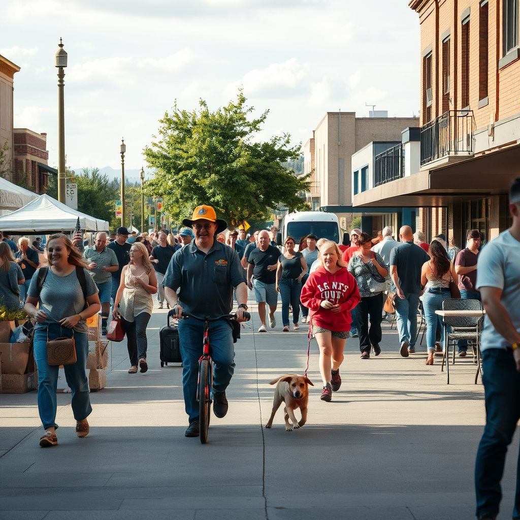 A historic-style streetscape in Sheridan, Colorado, showing the transition from mid-century architecture to modern riverfront developments.