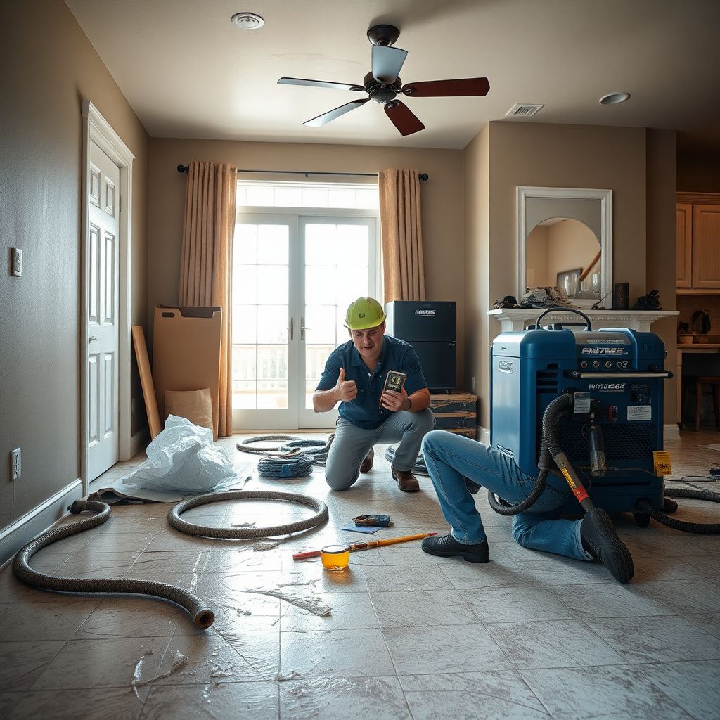 An IICRC-certified technician setting up a low-profile dehumidifier in a beautifully finished basement.