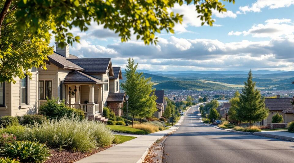A service vehicle parked along a residential street in Highlands Ranch with the Front Range foothills visible in the distance.