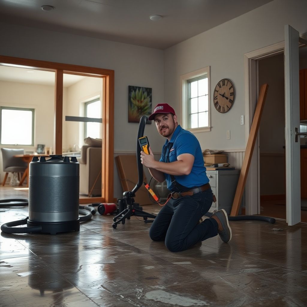 Industrial drying fans and dehumidifiers drying out a hardwood floor in a Sheridan home.
